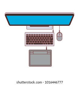 desktop computer and digitizer tablet connection on top view in colorful silhouette with thin red contour