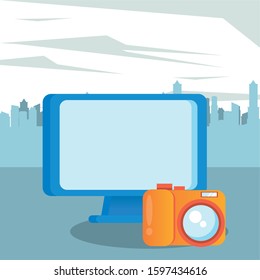desktop computer display with camera photographic vector illustration design