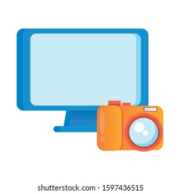 desktop computer display with camera photographic vector illustration design