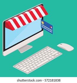 desktop computer with display with credit card wide vector style.