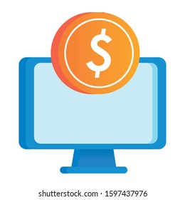desktop computer display with dollar coin vector illustration design