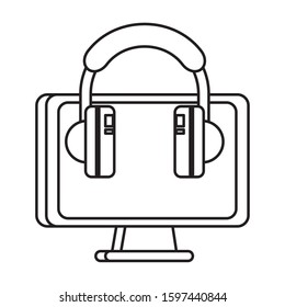 desktop computer display with earphones vector illustration design