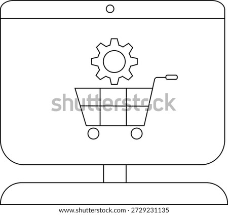 A desktop computer display showcases a gear above a shopping cart on its screen