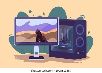 Desktop Computer And Display Vector Icons. Game Computers, Video Game Concept. Gaming PC Illustration.