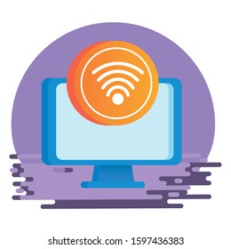 desktop computer display with wifi signal vector illustration design