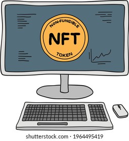 Desktop computer displaying NFT non-fungible token in hand drawn doodle sketch style. Colour filled.
