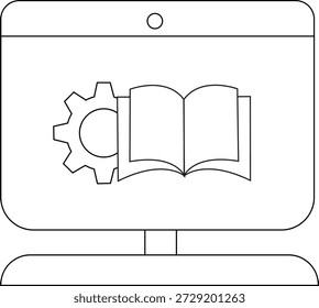 Una computadora de escritorio muestra un engranaje y un libro abierto con un elemento circular sobre la pantalla