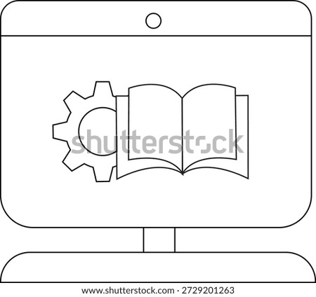 A desktop computer displays a gear and open book with a circular element atop the screen