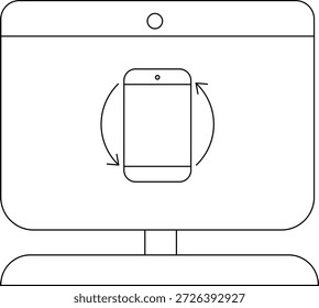 A desktop computer displays a smartphone rotating symbolized by curved arrows