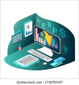 Desktop computer, drop graph on screen, checklist. Isometric style vector illustration. Transparent. White Isolated.