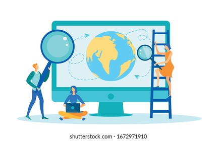 Desktop Computer with Earth Planet on Screen Flat Cartoon Vector Illustration. Woman Standing on Ladder with Magnifying Glass Checking Globe Routes. Man Holding Big Magnifier. Woman with Laptop.