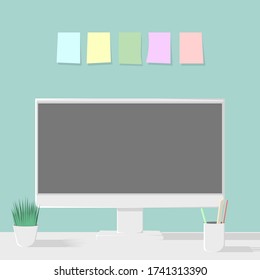 desktop computer empty screen with plant and glass with pens on the desk, empty sticky notes on the wall, office workplace concept vector illustration