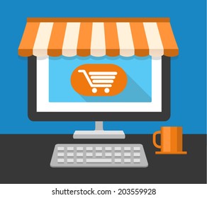 Desktop of computer in flat style. On line shopping. Vector illustration