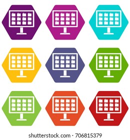 Desktop of computer with folders icon set many color hexahedron isolated on white vector illustration