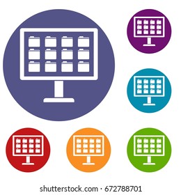 Desktop of computer with folders icons set in flat circle reb, blue and green color for web