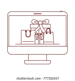 desktop computer front view with gift boxes and shopping bags in screen in dark red contour