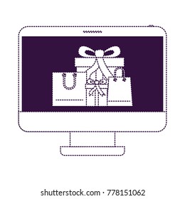 desktop computer front view with gift boxes and shopping bags in screen in purple dotted silhouette