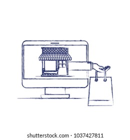 desktop computer front view with online store and shopping bag in screen in dark blue blurred silhouette