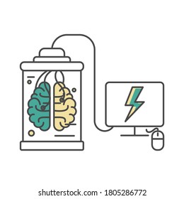 A Desktop Computer Is Getting Powered By A Human Brain. Mimicking The Human Brain. Digitization Of Human Consciousness. Concept Of Neuromorphic Computing. Outline Thin Line Flat Illustration.