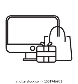 desktop computer with gift and shopping bag vector illustration design