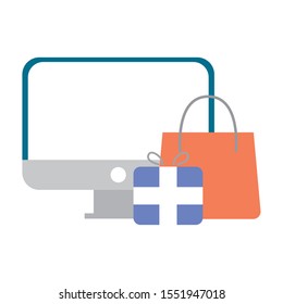 desktop computer with gift and shopping bag vector illustration design