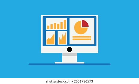Desktop Computer with Graphs and Business Schemes. Technology and office work, trading stocks vector art