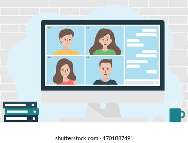 Desktop computer with group of colleagues, business team talking and chatting at the video call. Online conference application and communication concept. Cute cartoon flat vector illustration.