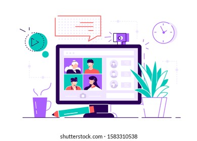 Desktop Computer With Group Of Colleagues Taking Part In Video Conference. Software For Videoconferencing And Online Communication. Virtual Work Meeting. Flat Style Modern Vector Illustration For Web