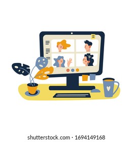 Desktop computer with group of colleagues taking part in video conference. Software for videoconferencing and online communication. Virtual work meeting at home. Vector illustration in flat style.