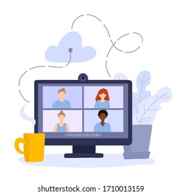 Desktop computer with group of colleagues taking part in video conference. Software for videoconferencing and online communication. Virtual work meeting. Modern vector illustration in flat style