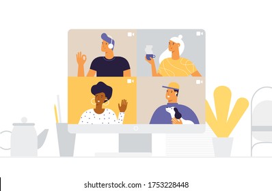 Desktop Computer With Group Of Men And Women Taking Part In Online Video Conference. Friends Communicate Virtually. Different People On The Monitor Screen. Vector Illustration In Flat Design.