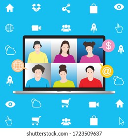 Computadora de escritorio con grupo de personas en reunión en línea, conferencia en línea, chat en vivo. Chat en línea con redes sociales. Ilustración del vector en estilo plano