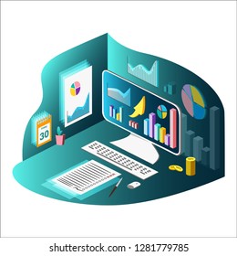 Desktop computer, growth graph on the screen, checklist. Isometric style. Stock Vector Illustration. Transparence. White Isolated.