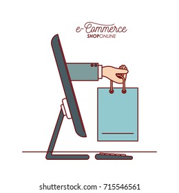 desktop computer with hand holding a blue bag shopping side view e-commerce shop online on white background vector illustration