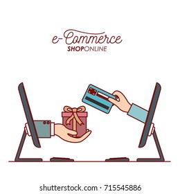 desktop computer with hand holding a gift box process payment card side view e-commerce shop online on white background vector illustration