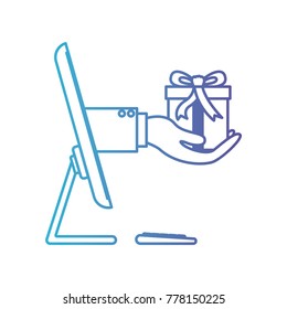 desktop computer and hand holding gift box of purchase online in degraded blue to purple color contour