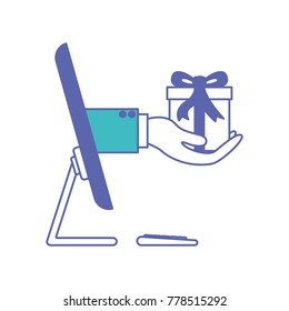 desktop computer and hand holding gift box of purchase online in blue and purple color sections silhouette