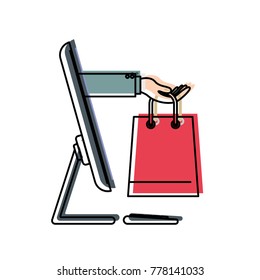 desktop computer and hand holding shopping bag of purchase online in watercolor silhouette