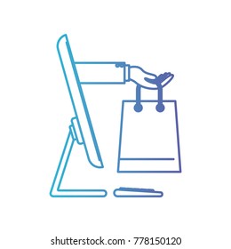 desktop computer and hand holding shopping bag of purchase online in degraded blue to purple color contour