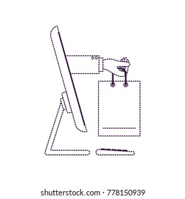 desktop computer and hand holding shopping bag of purchase online in purple dotted silhouette