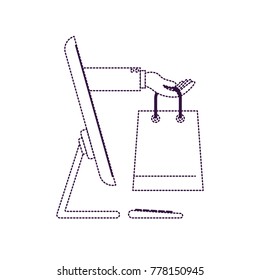 desktop computer and hand holding shopping bag of purchase online in purple dotted silhouette