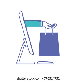 desktop computer and hand holding shopping bag of purchase online in blue and purple color sections silhouette