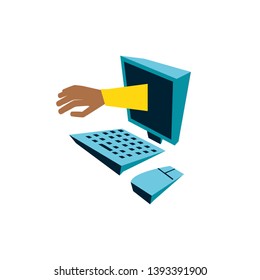 desktop computer with hand isolated icon