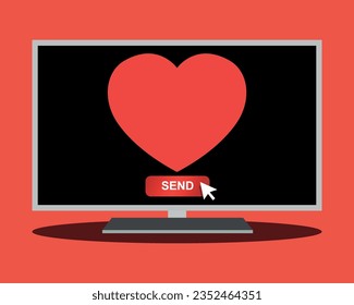 Desktop computer with heart and button send on the screen