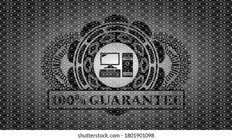 desktop computer icon and 100% Guarantee text black abstract emblem. Pattern fancy background. Intense illustration. 