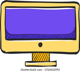 Desktop computer icon in color drawing. Electronic office monitor