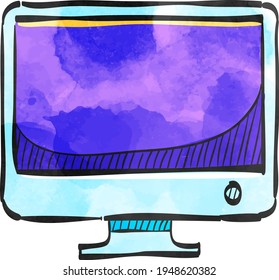 Icono del equipo de escritorio en el dibujo a color. Monitor de oficina electrónica