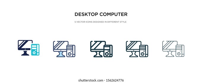 desktop computer icon in different style vector illustration. two colored and black desktop computer vector icons designed in filled, outline, line and stroke style can be used for web, mobile, ui