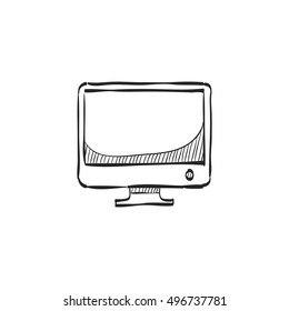 Desktop computer icon in doodle sketch lines. Electronic office monitor