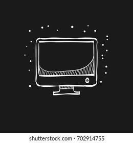 Desktop computer icon in doodle sketch lines. Electronic office monitor